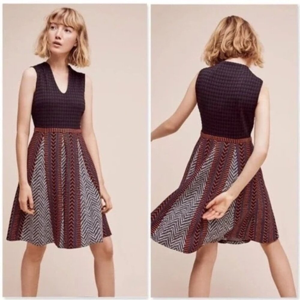 Anthropologie Maeve 4P Sleeveless Fit‎ Flare Dress Chevron Skirt CAROLINA